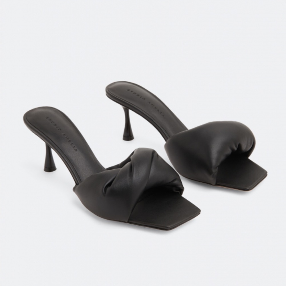 Studio Amelia Black Twist Front 75 Heel Mules, sz 38